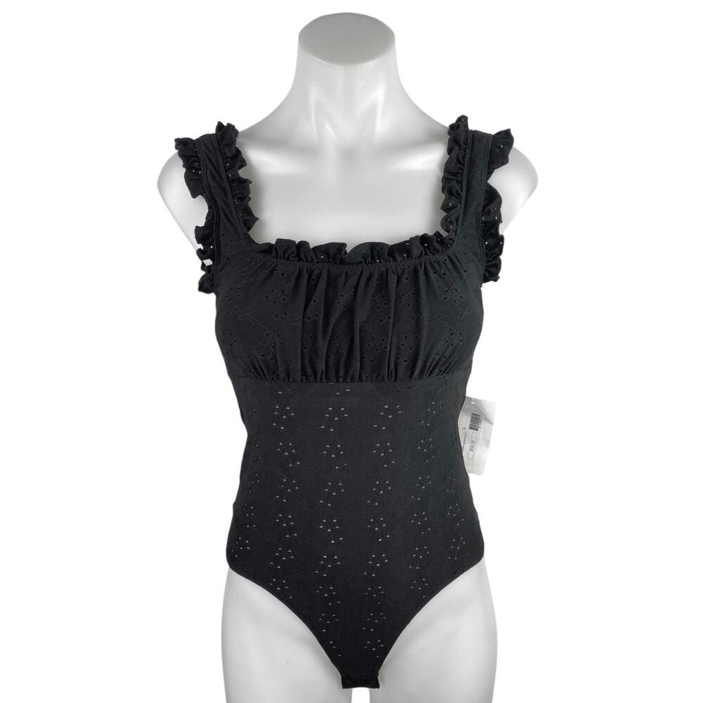 NEW NBH Nikkis Beach House Bye Baby Black Ruffle Sleeveless Bodysuit Tank Top S